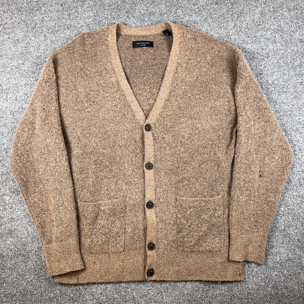 All Saints Wintlev Cardigan Sweater Mens XL Brown Wool Alpaca Fuzzy Hairy